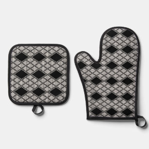 SCHWARZES ARGYLE-STRICK-OFENHANDSCHUH- UND TOPFLAP OFENHANDSCHUH & Topflappen-Set