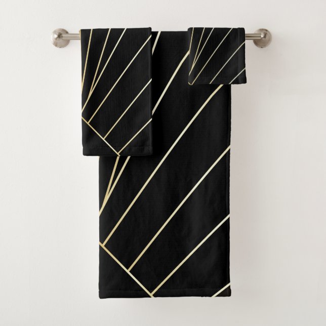 Schwarzes Art Deco Design Badhandtuch Set (Insitu)