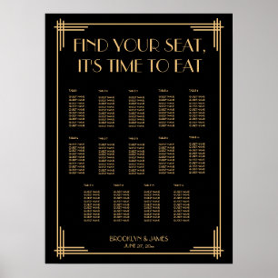 Schwarzes Art Deco Hochzeits-Sitzplan Poster