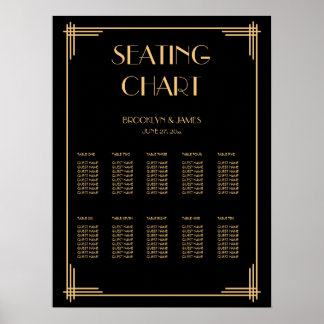 Schwarzes Art Deco Hochzeitsdiagramm Poster 18x24