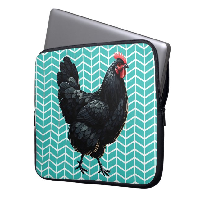 Schwarzes Australorp-Hühnchen im Zickzack Hintergr Laptopschutzhülle (Vorderseite Links)