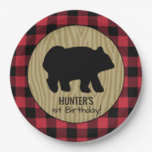 Schwarzes Bärenbuffalo-Karo-Lumberjack-Teller Pappteller
