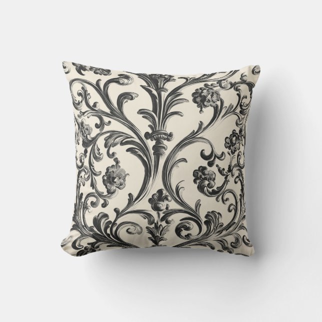 Schwarzes Barock Floral auf Creme Kissen (Vorderseite)