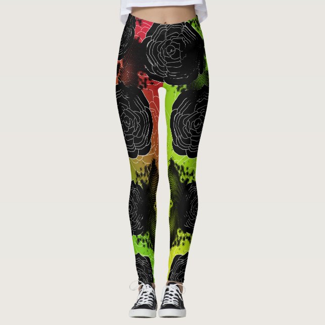 Schwarzes befleckte Rosen-Rasta Leggings (Vorderseite)