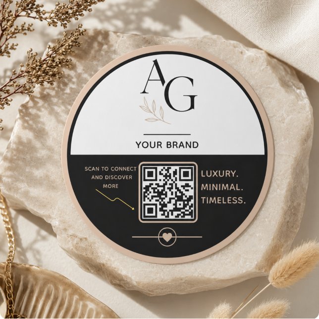 Schwarzes Beiges Luxus-QR-Code-Erinnerung Runder Aufkleber (Black Beige Luxury QR Code Appointment Reminder Classic Round Sticker)