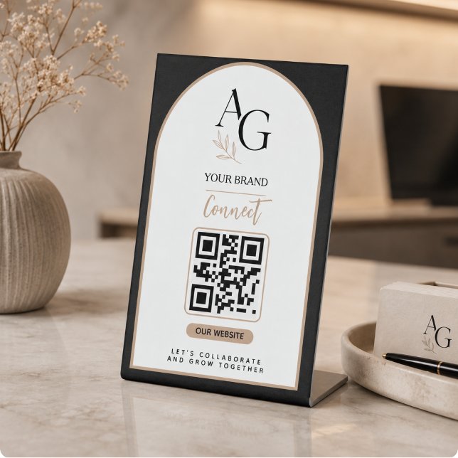 Schwarzes Beiges Luxus-QR-Code Termin-Erinnerung Sockelschild (Black Beige Luxury QR Code Appointment Reminder Pedestal Sign)