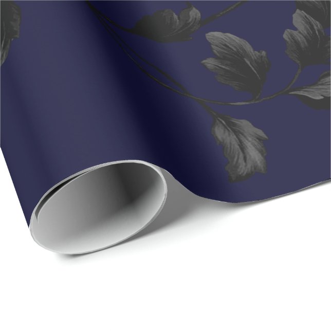 Schwarzes Blatt-Blumenrebe-Muster auf Marine-Blau Geschenkpapier (Rolleneckpunkt)