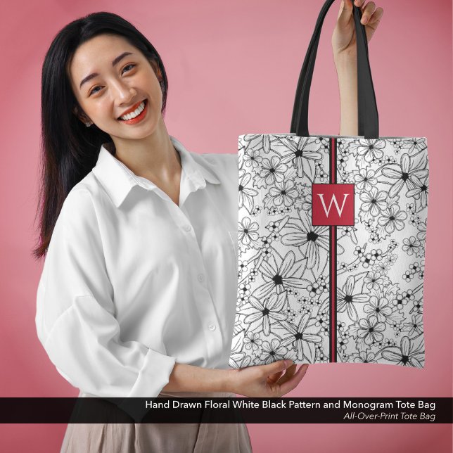 Schwarzes Blatt, handgezeichnet, floralweiß und Mo Tasche (All-Over-Print Tote Bag: Hand Drawn Floral Pattern in White and Black with Monogram in Red)