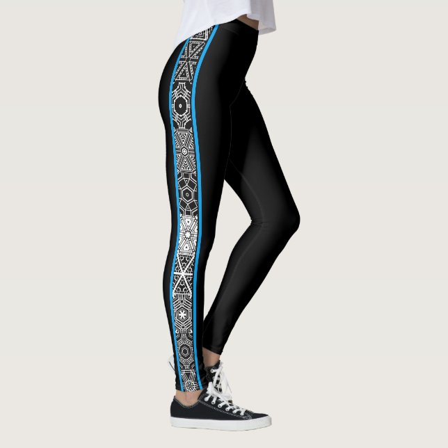 Schwarzes blaues abstraktes geometrisches Muster Leggings (Rechts)