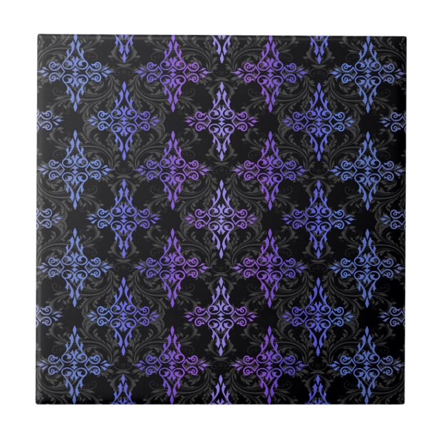 Schwarzes Blaues Lila Doppel-Damaskus-Muster Fliese (Vorderseite)