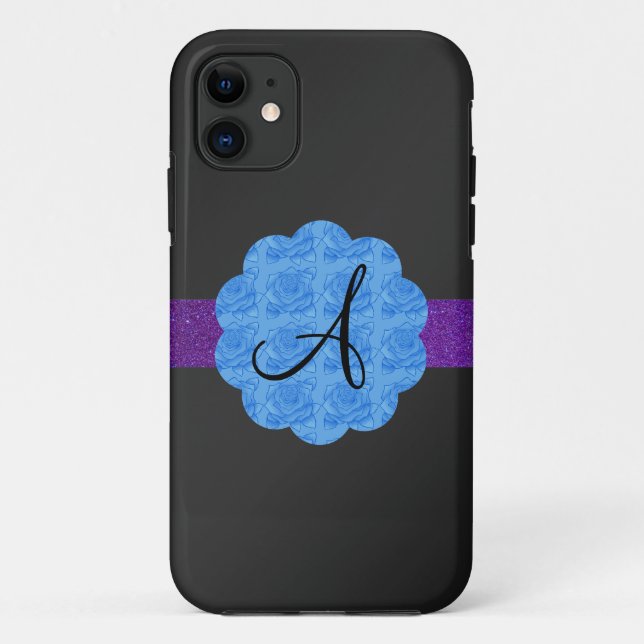 Schwarzes blaues Rosenmonogramm Case-Mate iPhone Hülle (Rückseite)