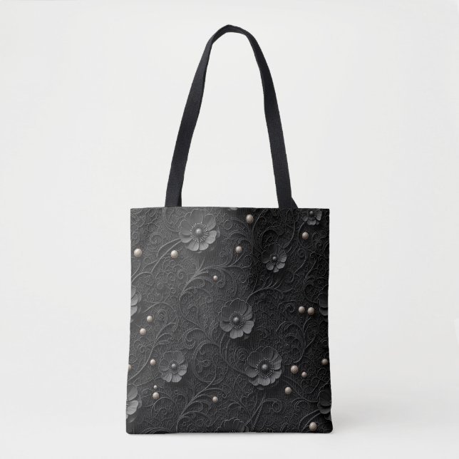 Schwarzes Blumen-Spitzen-Outfit mit Perlen Tasche (Vorderseite)