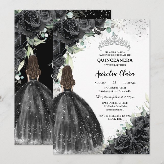 Schwarzes Blumenkleid Silver Quinceañera Sweet 16  Einladung (Vorne/Hinten)