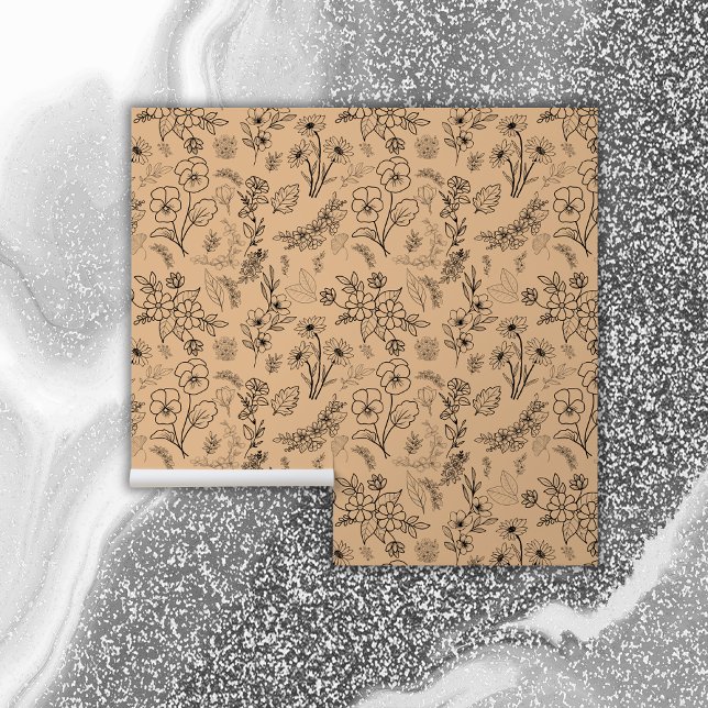 Schwarzes Blumenmuster auf Peach | Tapete (Von Creator hochgeladen)