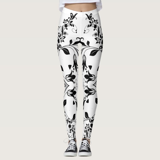 Schwarzes Blumenmuster über das Workout der weißen Leggings (Vorderseite)