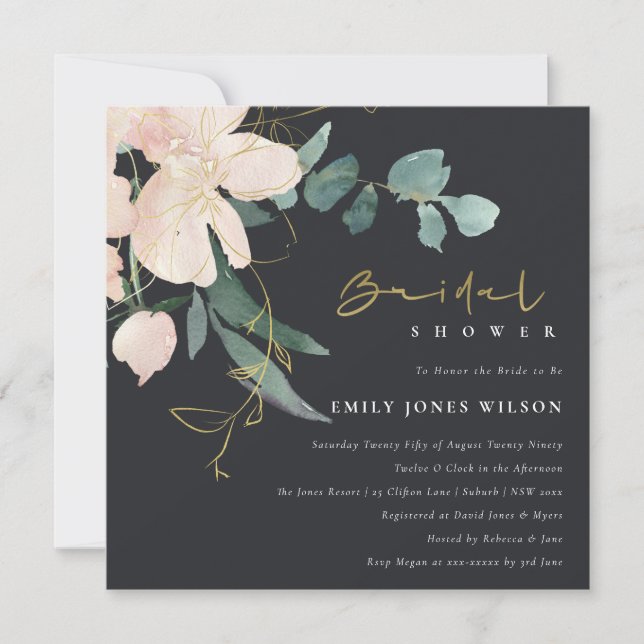 SCHWARZES BLUSFLORAL BUNCH WATERCOLOR BRAUTPARTY EINLADUNG (Vorderseite)