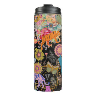 Schwarzes Boho-Blumen-Naturmuster Botanisch Thermosbecher