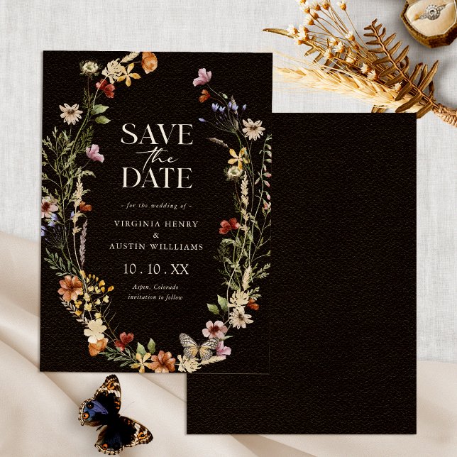 Schwarzes Boho-Blumen-Save-the-Date Save The Date (Black Boho Watercolor Floral Save The Date by Painted Paperie
)