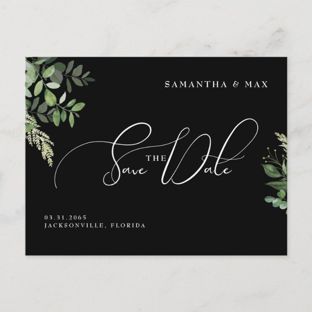 Schwarzes botanisches Elegantes Foto Save the Date Postkarte (Vorderseite)