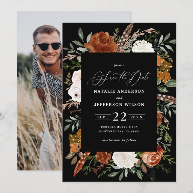 Schwarzes botanisches rustikales Foto Save the Dat Save The Date (Vorne/Hinten)