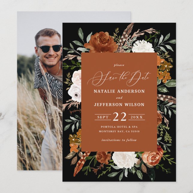 Schwarzes botanisches rustikales Foto Save the Dat Save The Date (Vorne/Hinten)