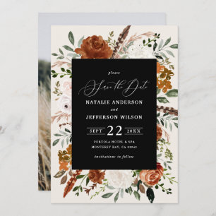 Schwarzes botanisches rustikales Foto Save The Date