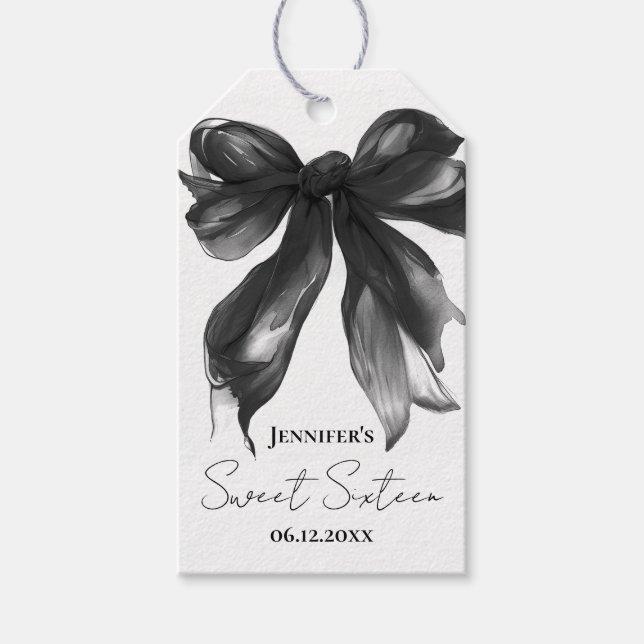 Schwarzes Bow Coquette Script Sweet 16 Danke Geschenkanhänger (Vorderseite)
