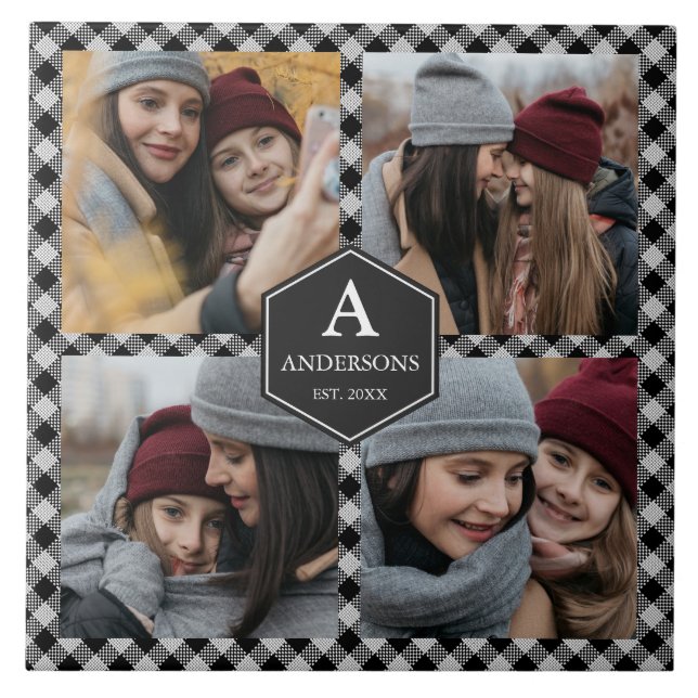 Schwarzes Buffalo Kariert Lumberjack Foto Collage Fliese (Vorderseite)