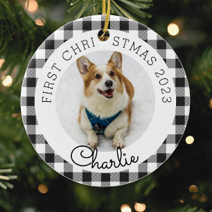 Schwarzes Büffel-Karo-Haustier erstes Weihnachtsfo Keramik Ornament