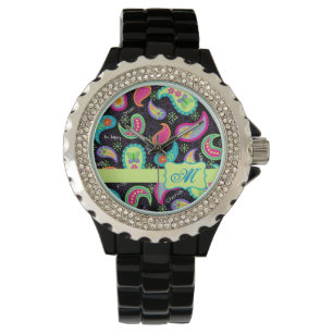 Schwarzes buntes modernes Paisley-Muster-Monogramm Armbanduhr