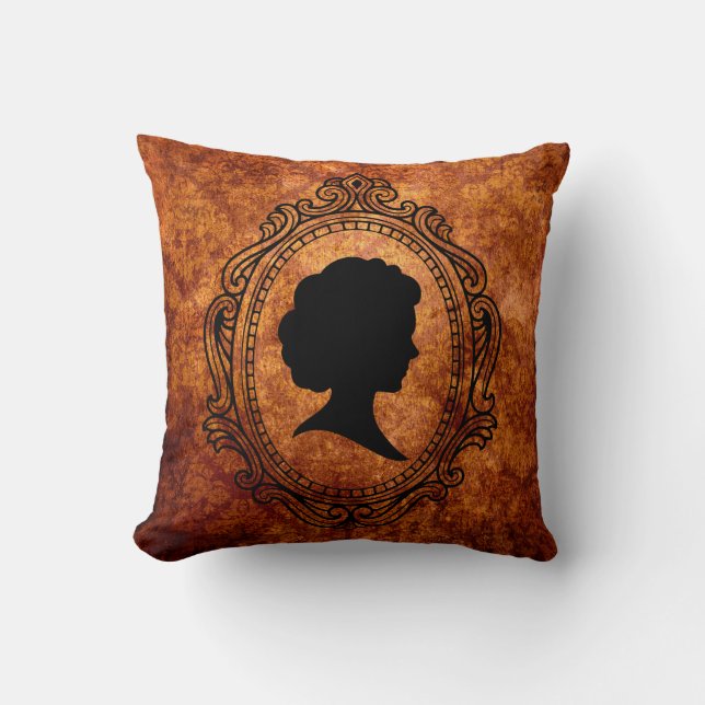Schwarzes Cameo Orange Grunge Damask Square Kissen (Vorderseite)