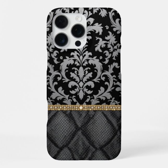 schwarzes Classic Damask Luxe iPhone 16 Pro Max Hülle (Rückseite)