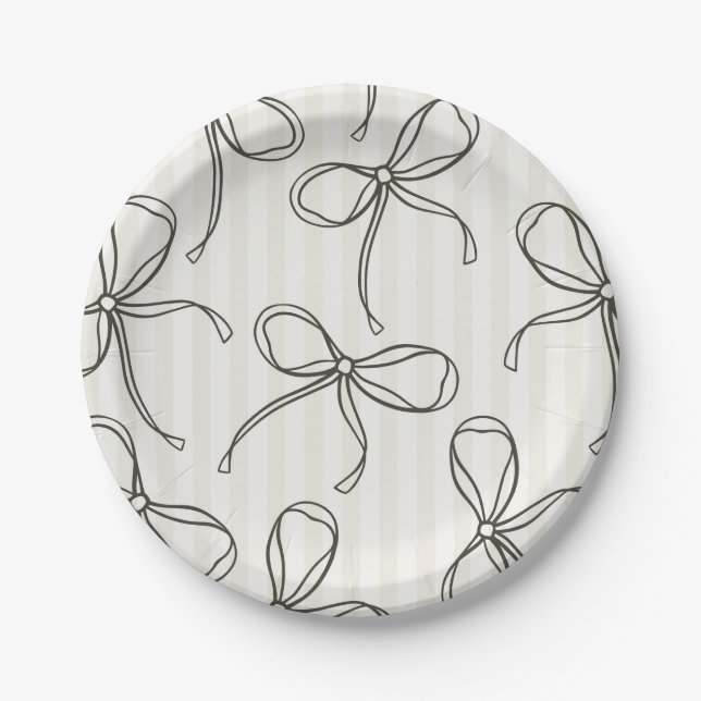 Schwarzes Coquette Bow Beige Streifen Tischdekor Pappteller (Vorderseite)
