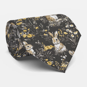 Schwarzes Cottagecore-Kanichen-Blumen-Toile-Muster Krawatte