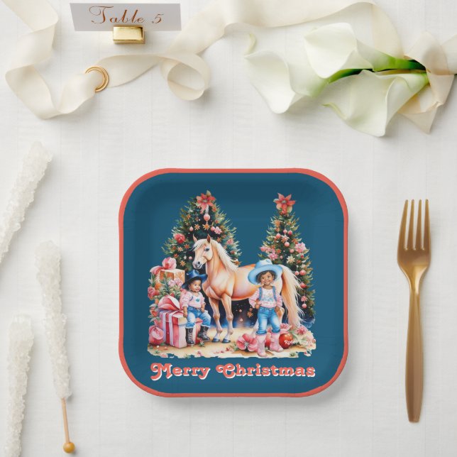 Schwarzes Cowgirl Winter Szene Pferd Frohe Weihnac Pappteller (Hochzeit)