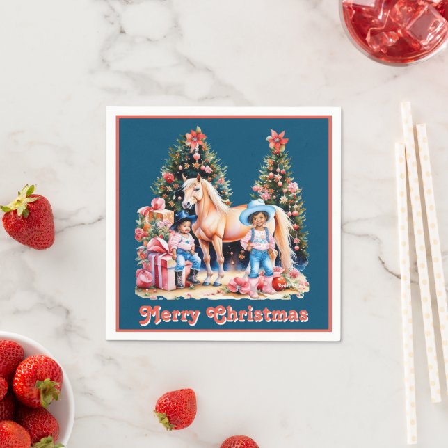 Schwarzes Cowgirl Winter Szene Pferd Frohe Weihnac Serviette (Beispiel)