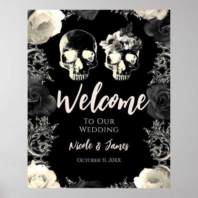 Schwarzes Cream Skeleton Skull Hochzeit Begrüßungs Poster (Vorne)