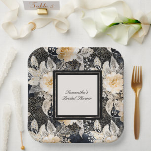 Schwarzes Creme Leopard Tier Floral Brautparty Pappteller