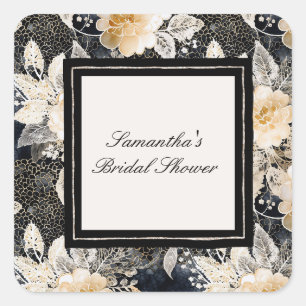 Schwarzes Creme Leopard Tier Floral Brautparty Quadratischer Aufkleber