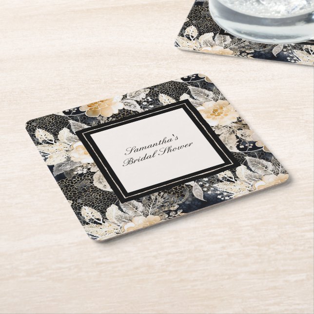 Schwarzes Creme Leopard Tier Floral Brautparty Rechteckiger Pappuntersetzer (angewinkelt)