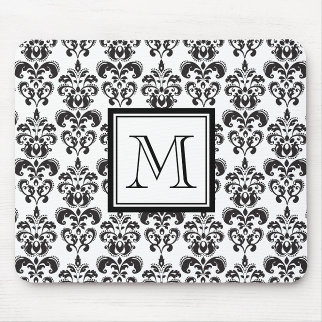 Schwarzes Damast-Muster 2 mit Ihrem Monogramm Mousepad (Vorne)