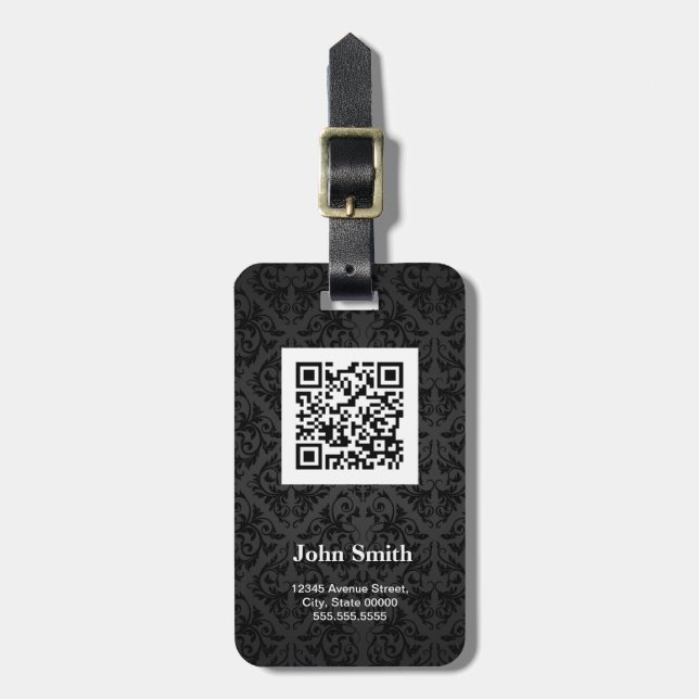 Schwarzes Damastmuster mit QR-Code benutzerdefinie Gepäckanhänger (Vorderseite vertikal)