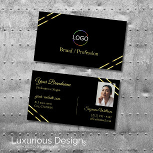 Schwarzes Design mit goldenen Linien, Logo und Fot Visitenkarte