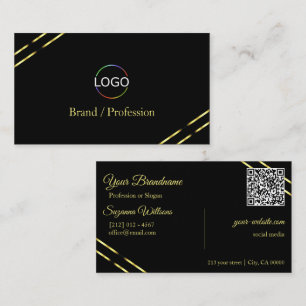 Schwarzes Design mit goldenen Linien, Logo und QR- Visitenkarte