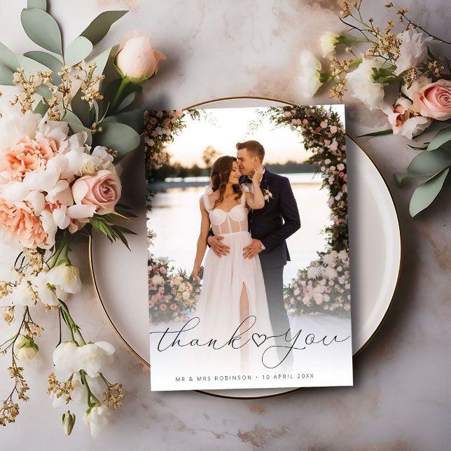 Schwarzes Drehbuch für Neuvermählte Hochzeit-Foto Dankeskarte (Von Creator hochgeladen)