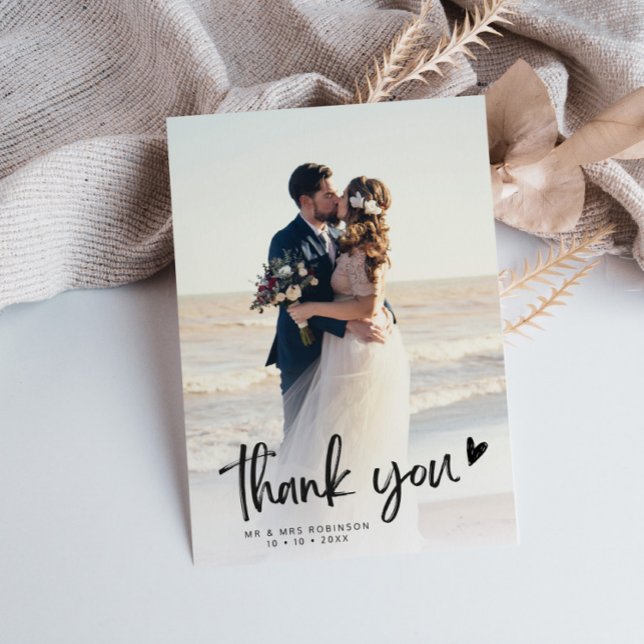 Schwarzes Drehbuch für Neuvermählte Hochzeit-Foto Dankeskarte (Von Creator hochgeladen)