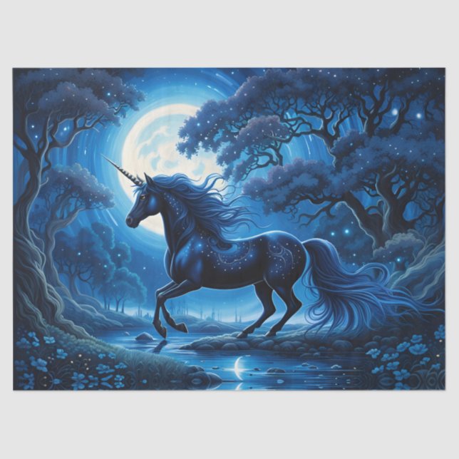 Schwarzes Einhorn im Blauen Mond Seidenpapier (Vorderseite)