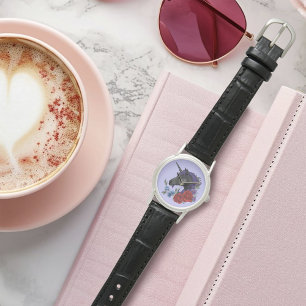 Schwarzes Einhorn Lila Mitternachtsgarten Blumen Armbanduhr