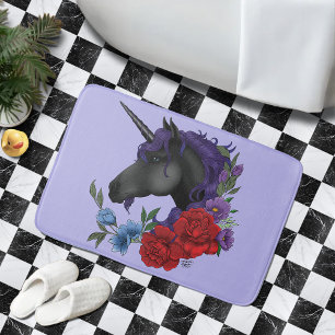 Schwarzes Einhorn Lila Mitternachtsgarten Blumen Badematte