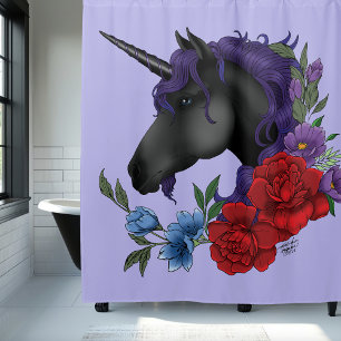 Schwarzes Einhorn Lila Mitternachtsgarten Blumen Duschvorhang